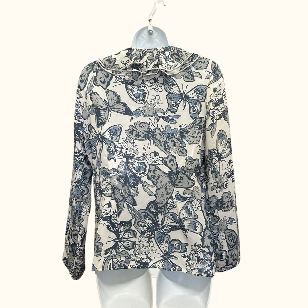 Together Blue Butterfly Ruffle Blouse | Size 10 Shell Buttons - Picture 3 of 5